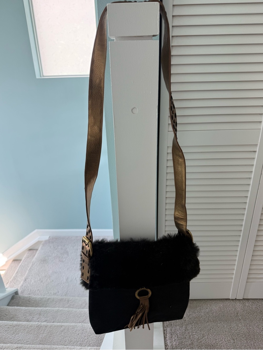 Enzo Anglioni Vintage Black Faux Fur Crossbody Bag with Metallic Strap